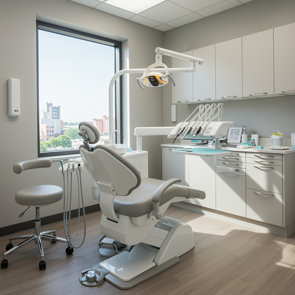 Spotless modern dental treatment room with sleek dental chair, chrome fixtures, soft gray walls, and warm natural light, illustrating the benefits of quality dental insurance.