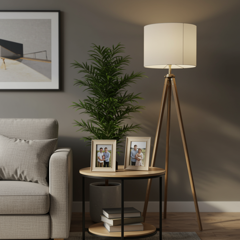 Inviting modern living room with soft neutral colors, elegant furnishings, and a family photo frame, illustrating the sense of security and comfort offered by life insurance benefits.
