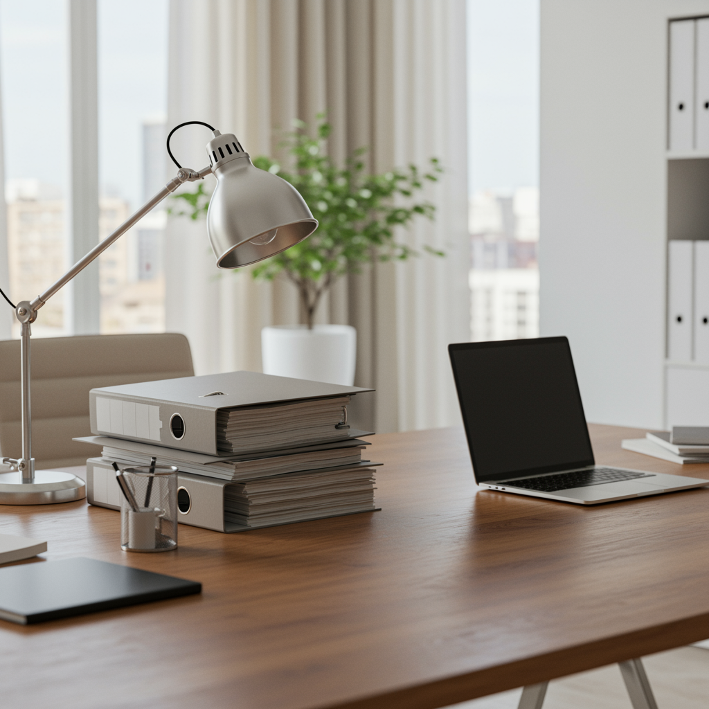 Elegant modern office workspace with a tidy desk and soft natural lighting, illustrating the reassurance and peace of mind provided by long-term disability insurance plans.