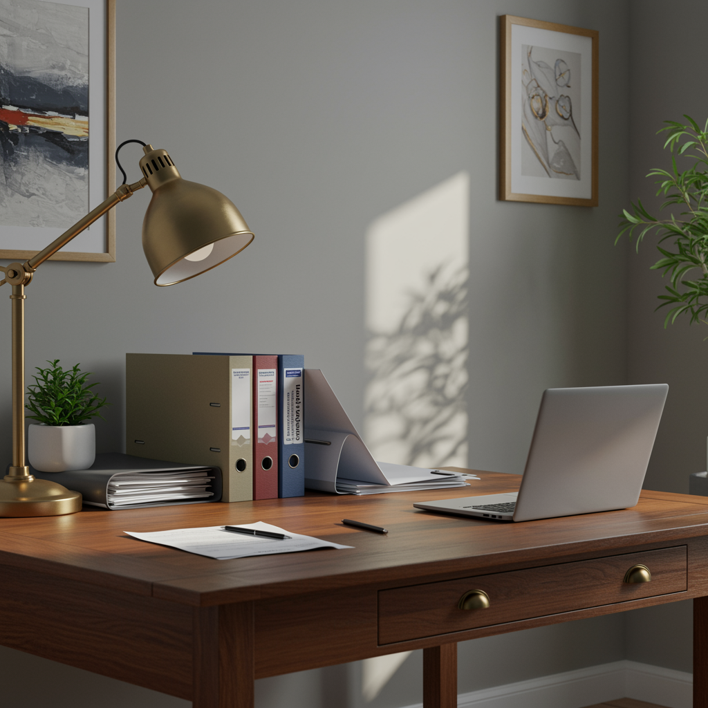 Modern home office with a clean desk, neatly stacked documents, and soft gray walls, illustrating the comfort and assurance of Medicare gap plan services.