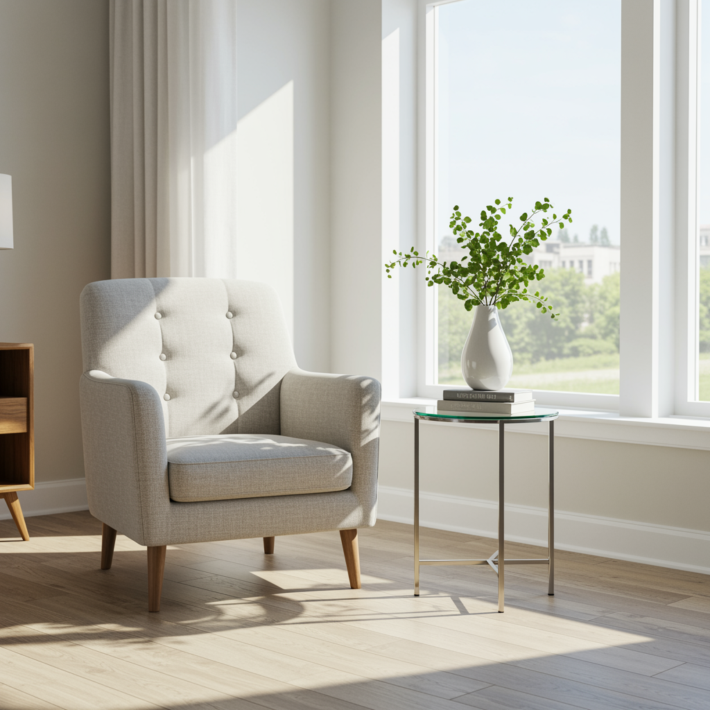 Contemporary living area filled with natural light, featuring a serene armchair by a window and soft neutral colors, visually representing the comfort and security provided by Medicare Supplement health insurance plans.