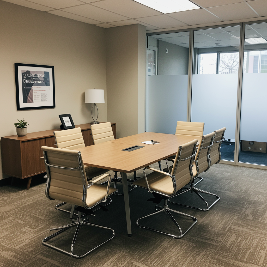Clean, modern office consultation room with comfortable seating and soft natural light, designed for short-term disability insurance benefits discussions, featuring calm colors and an inviting, professional atmosphere.