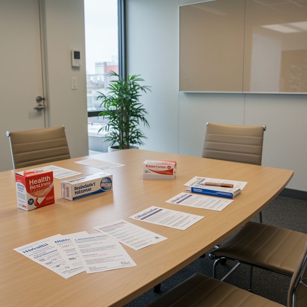 Modern office meeting room with health, life, and Medicare insurance materials arranged on a table, sunlit beige walls, chrome accents, and a clean professional atmosphere representing comprehensive insurance benefit solutions.