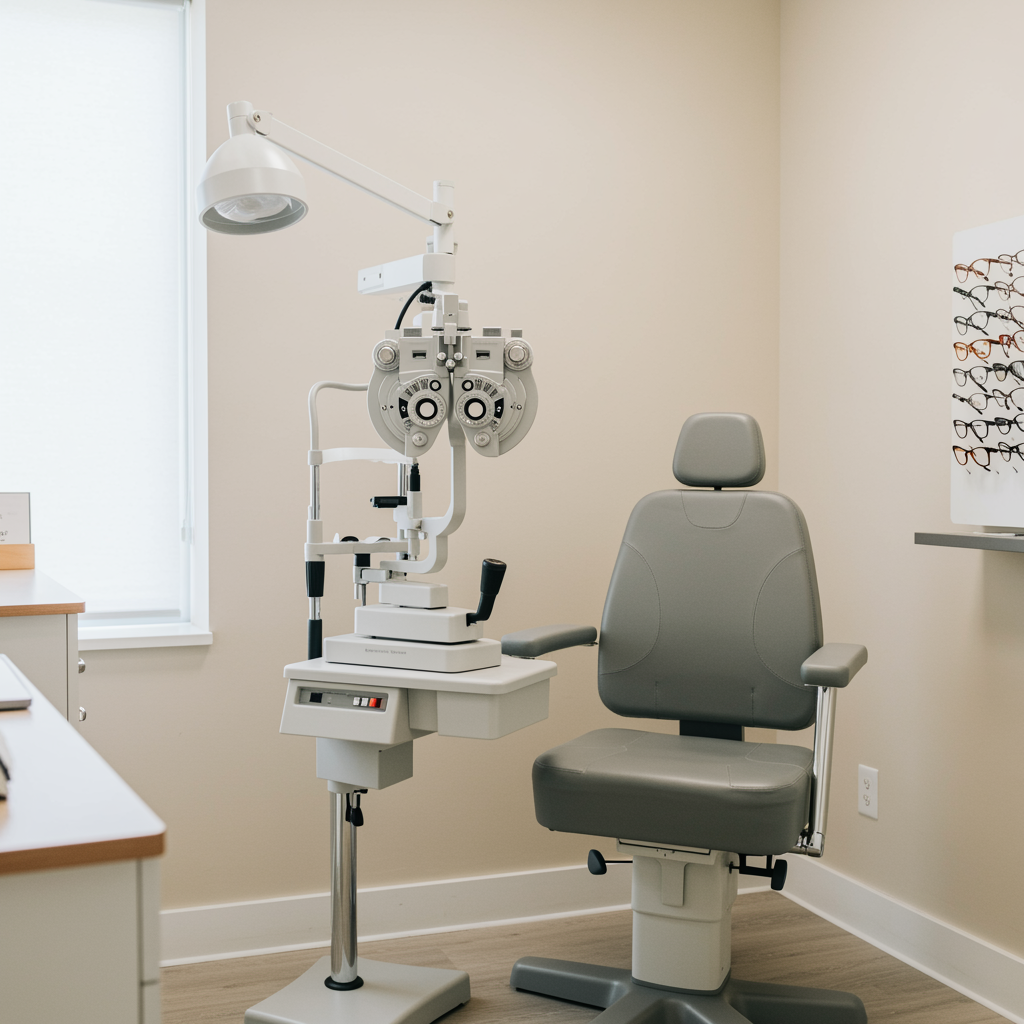 Modern optometrist exam room with vision exam chair and phoropter, softly lit by natural light, representing professional vision insurance service